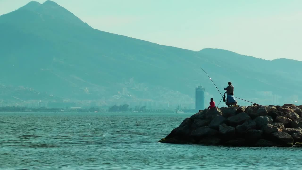 Stock Video People Fishing At The Seashore Live Wallpaper