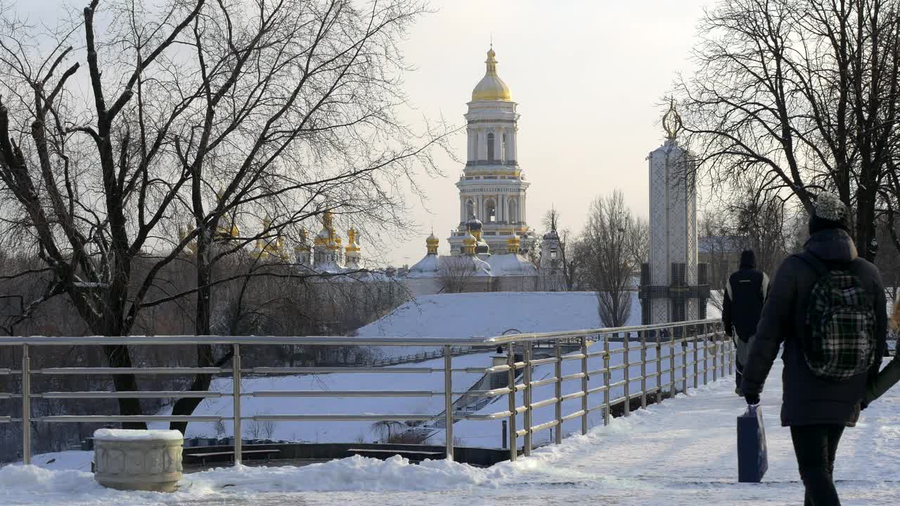 Stock Video People Walking On A Snowy Bridge Live Wallpaper