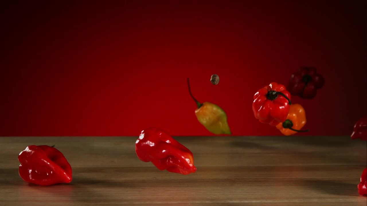 Stock Video Peppers Falling And Bouncing On A Wooden Table Live Wallpaper