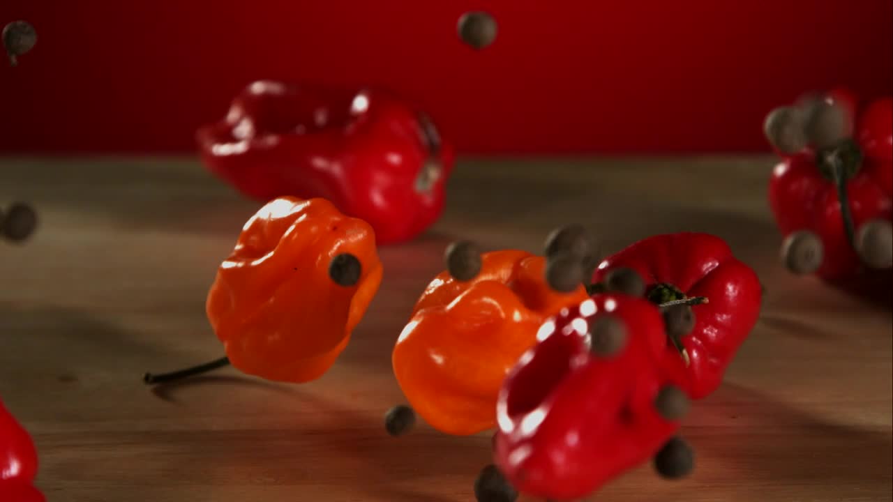 Stock Video Peppers Falling And Bouncing Into The Table Live Wallpaper