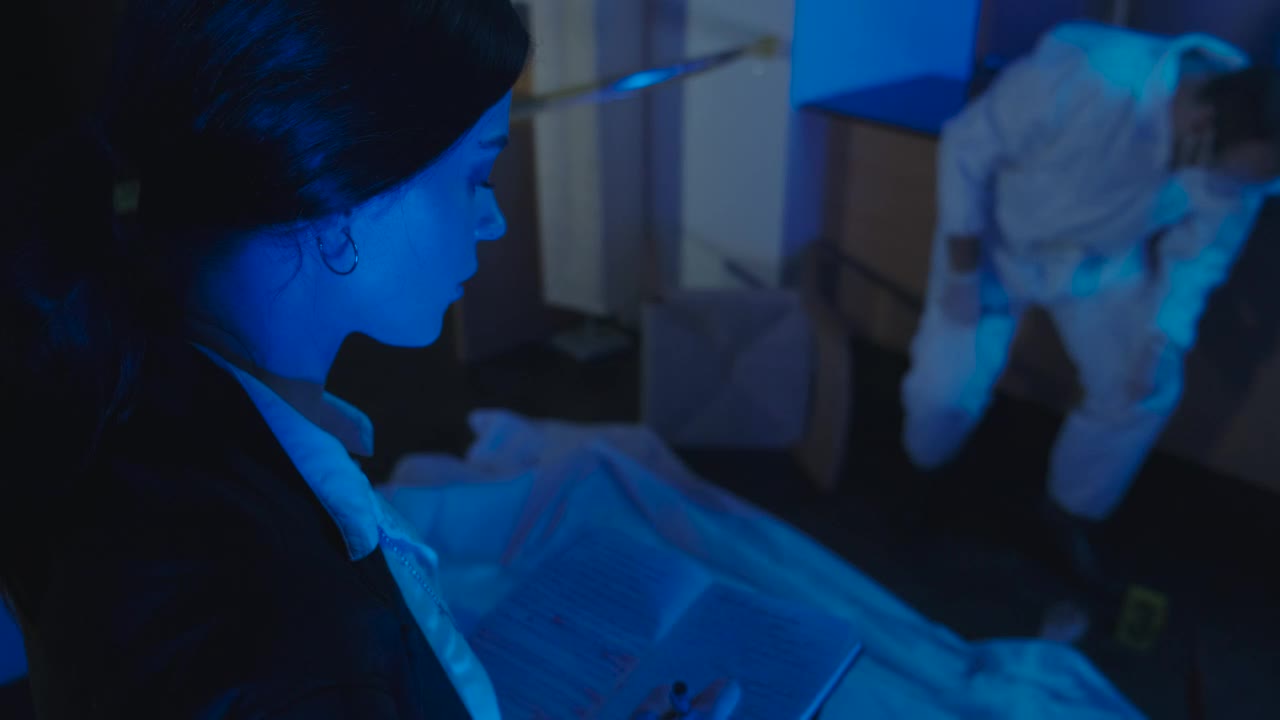 Video Stock Police Woman Interrogating The Coroner At A Crime Scene Live Wallpaper Free