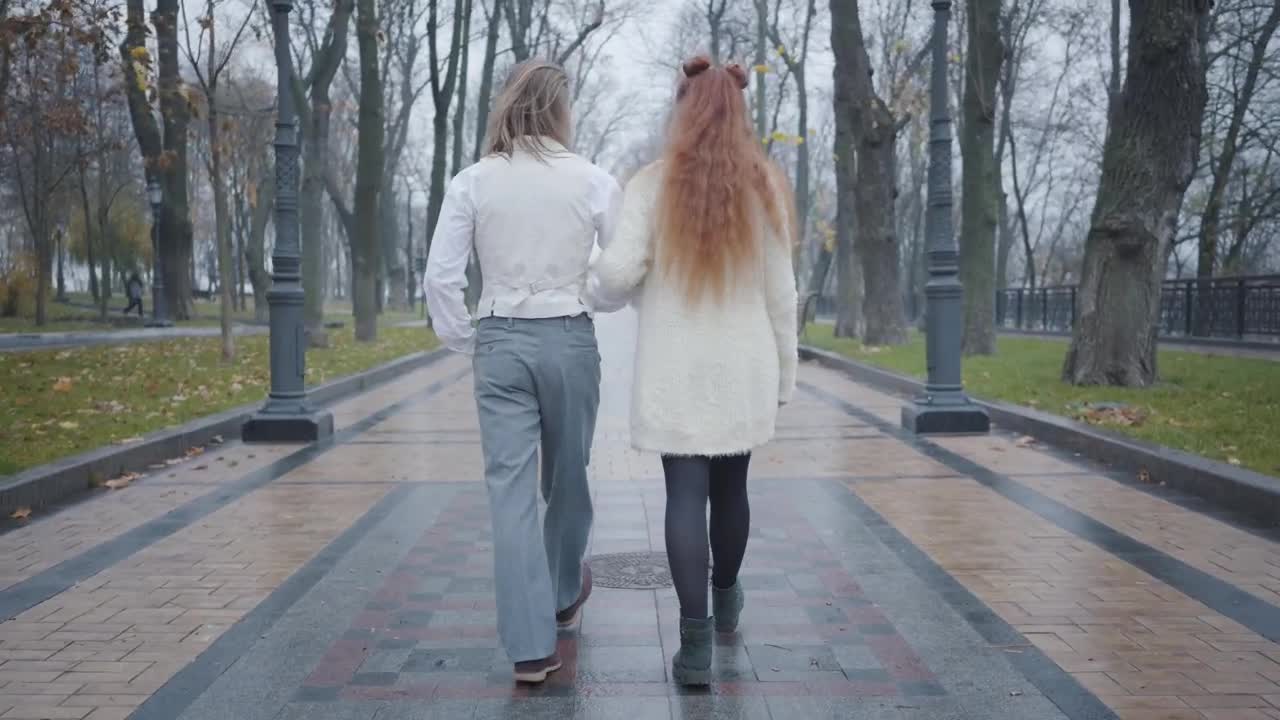 Video Stock Rear View Of Stylish Couple Walking In Rain Through Park Live Wallpaper Free