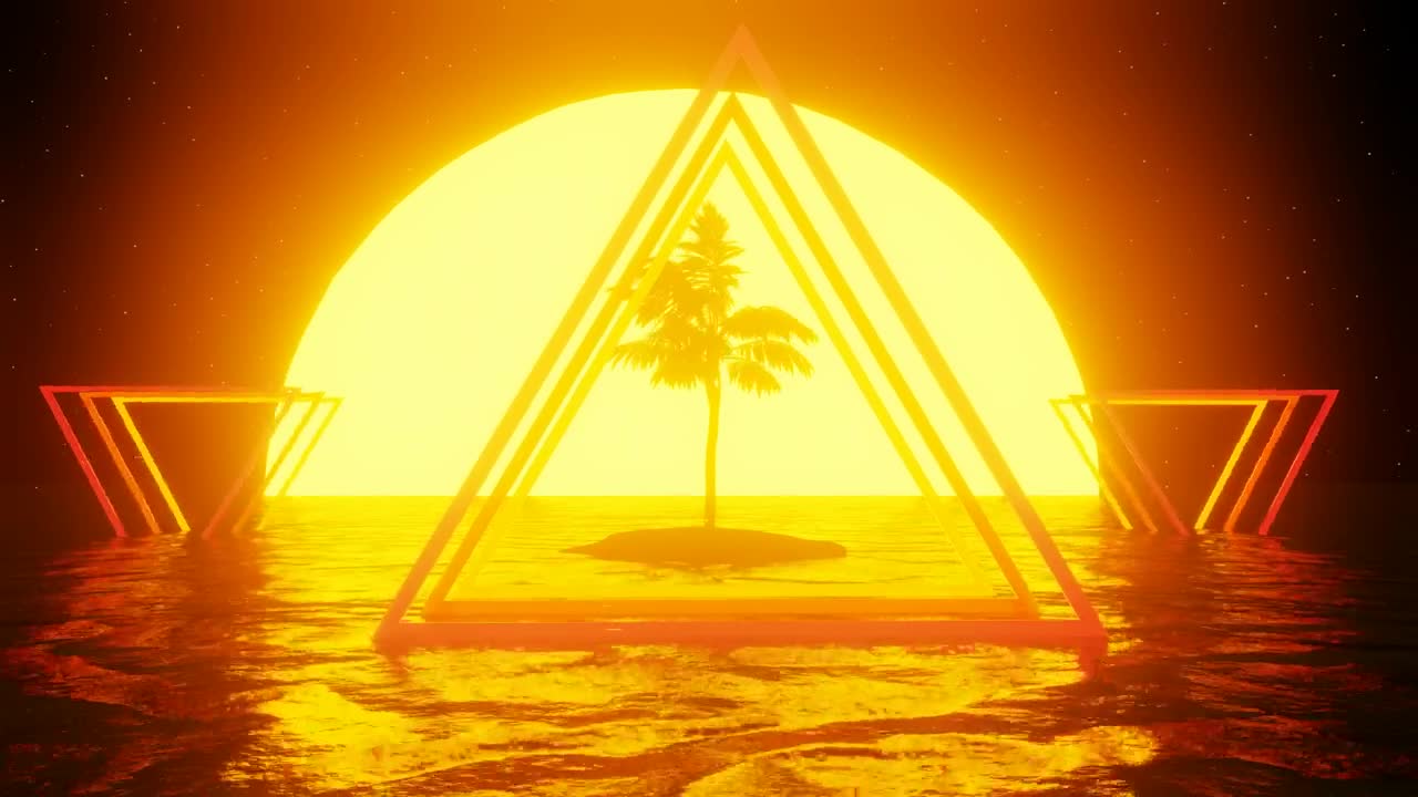 Free Stock Video Redered Vhs Style Triangles Over Palm Island With Sunset Live Wallpaper