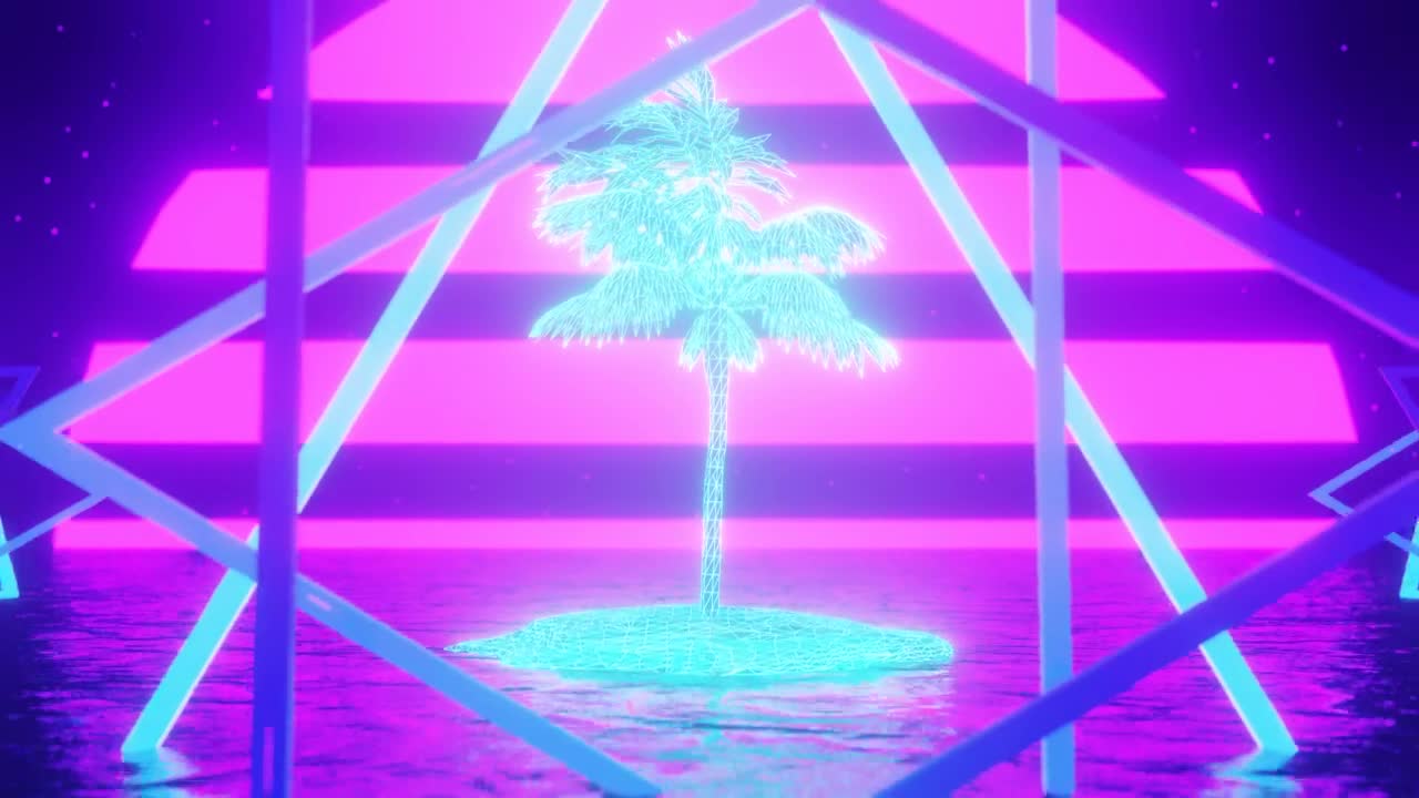 Free Stock Video Retro S Vhs Style Triangles Spin Over Neon Palm Tree Live Wallpaper