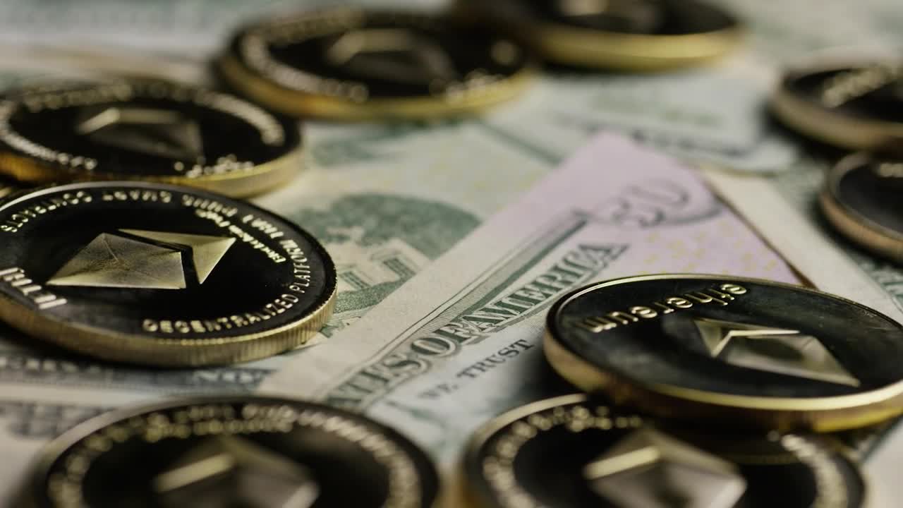 Free Stock Video Rotating Shot Of Ethereum Kinds Over Dollar Bills Live Wallpaper