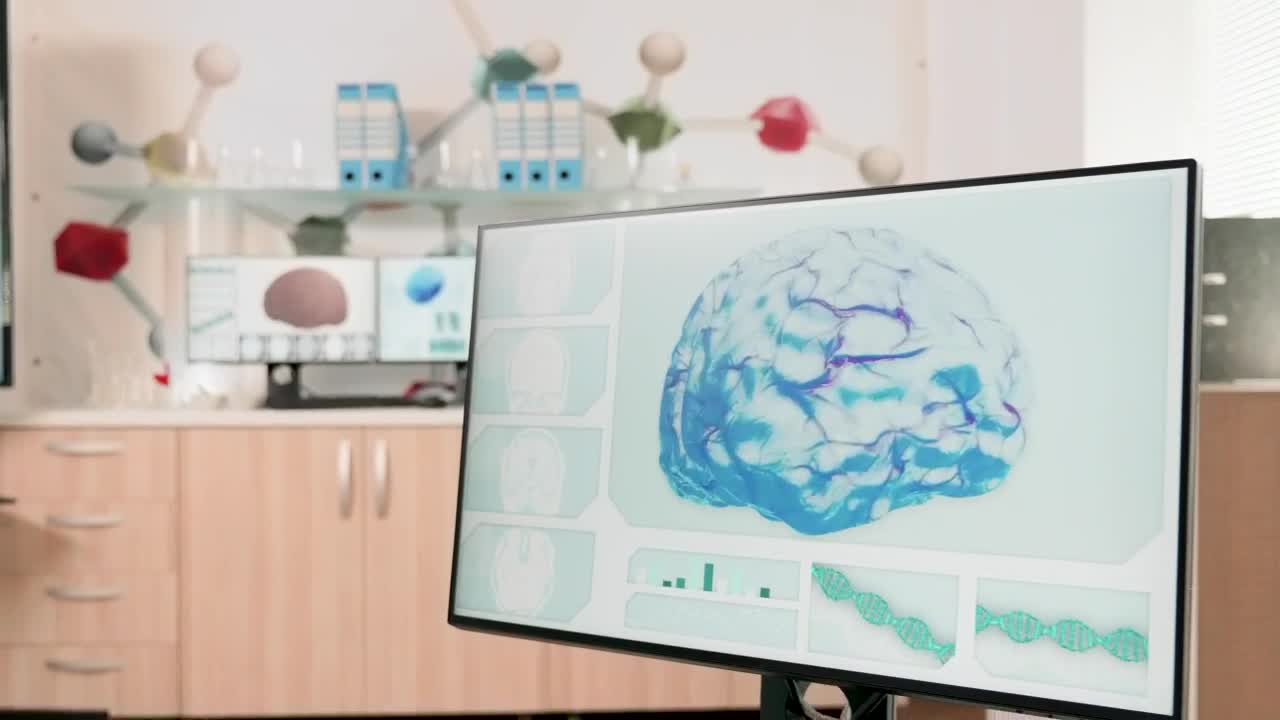 Free Stock Video Scientist Types On Computer With D Dna And Brain Models Live Wallpaper