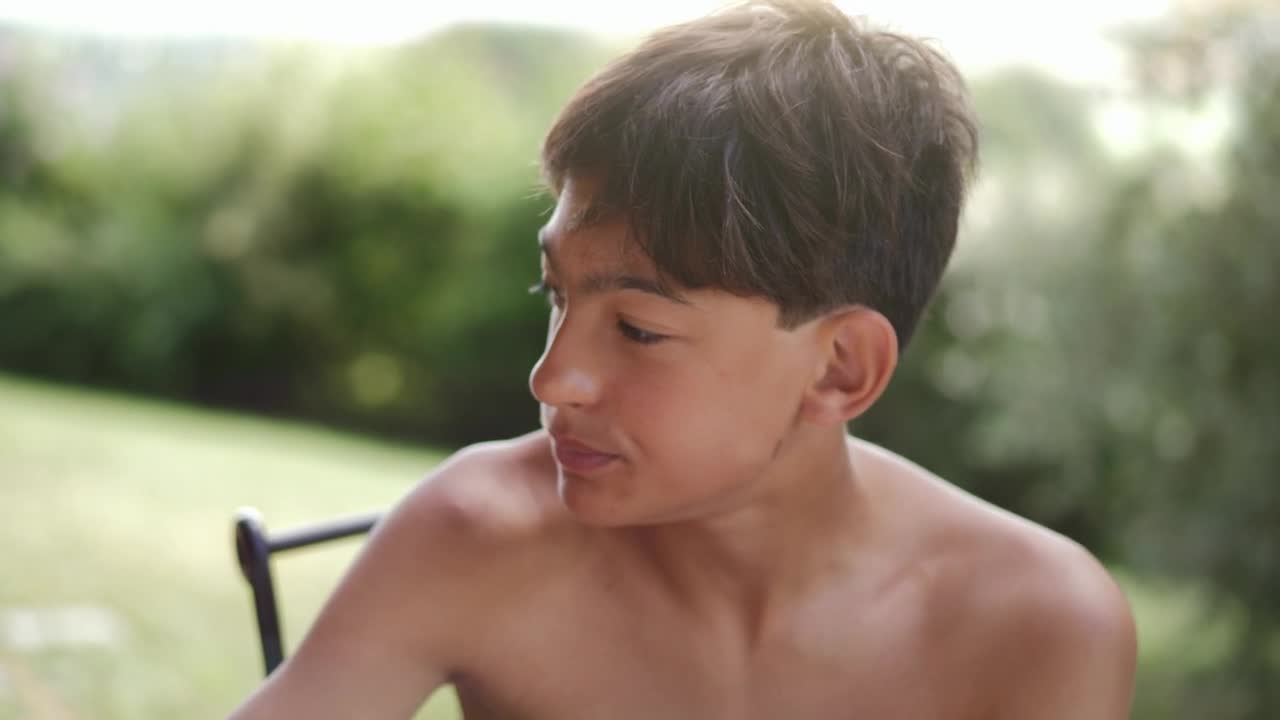 Free Stock Video Shirtless Boy Eating Breakfast Outside Live Wallpaper