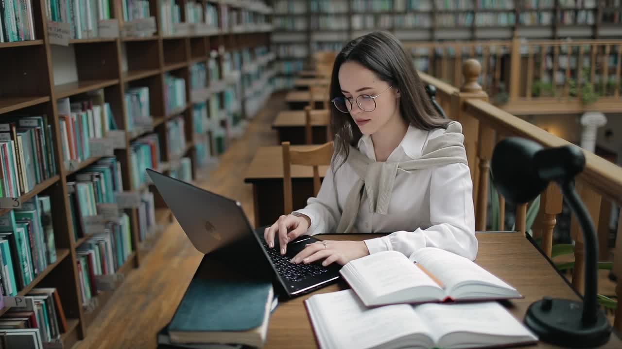 Free Video Stock Student Doing Research In University Library With Books And Laptop Live Wallpaper