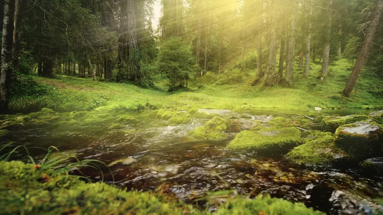 Free Video Stock Sunbeams On Flowing River In Mossy Forest Live Wallpaper