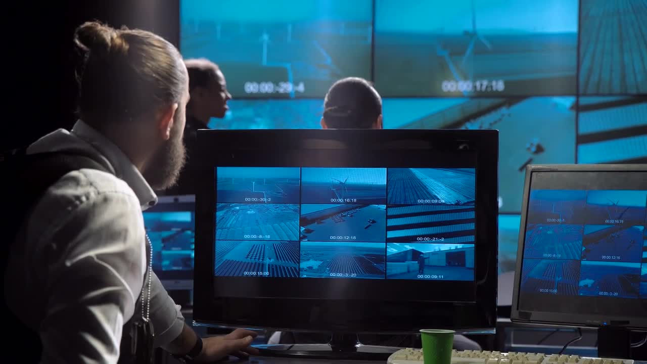 Free Video Stock surveillance team looking at monitors Live Wallpaper