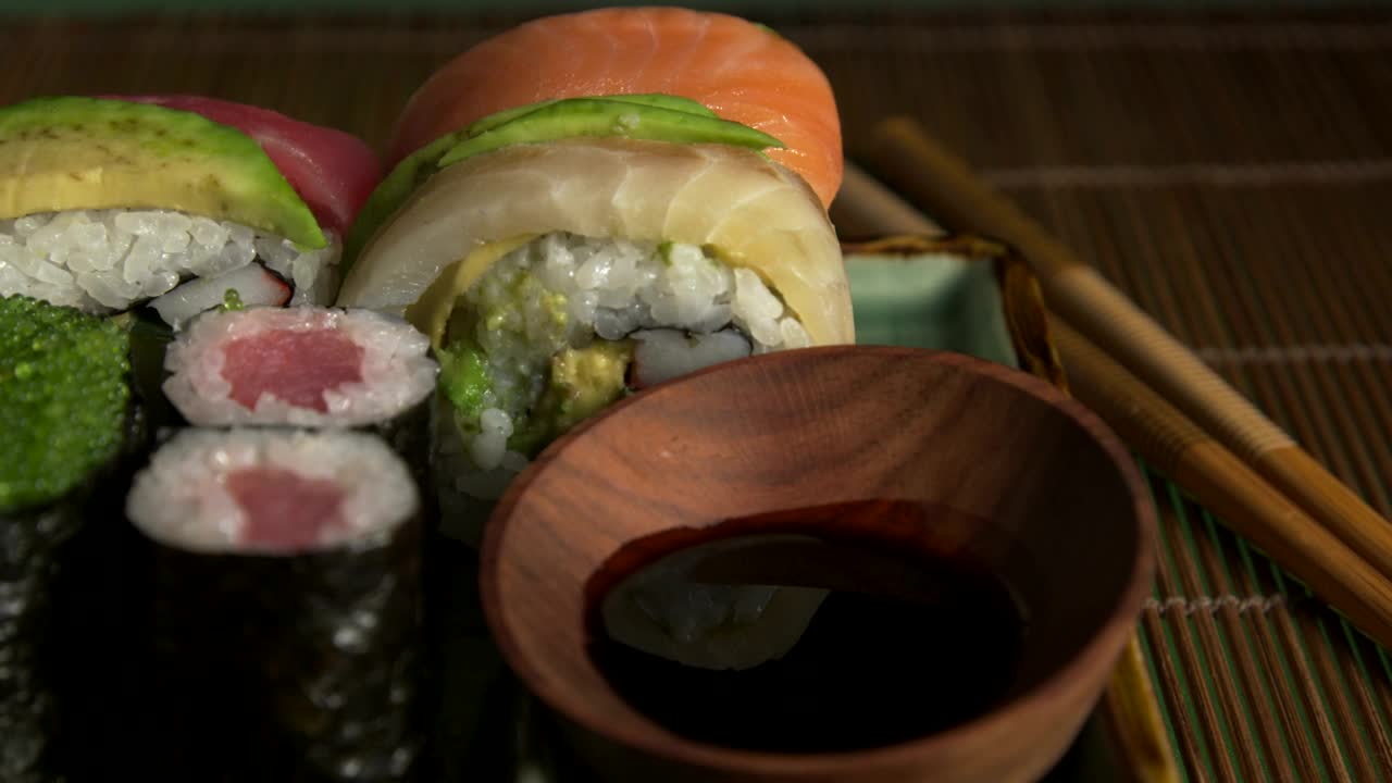 Free Video Stock sushi with a bowl of soy sauce Live Wallpaper