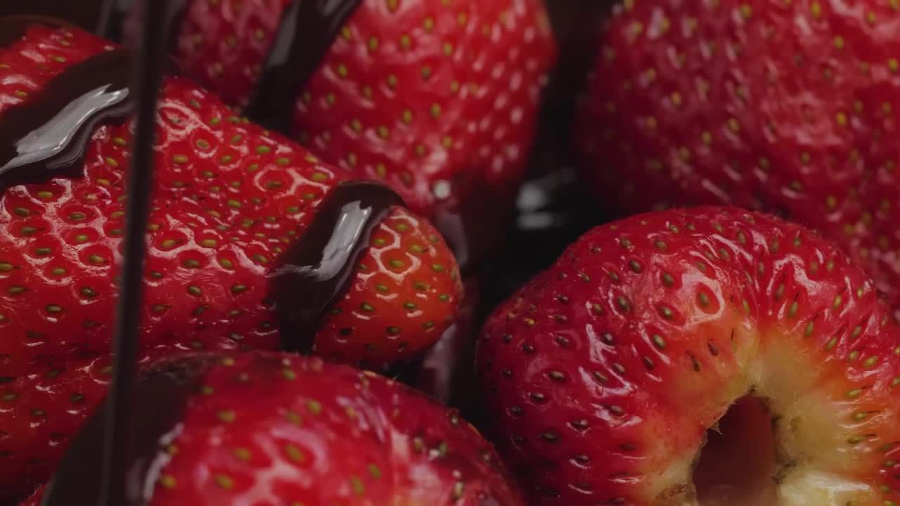 Free Video Stock texture of strawberries covered with chocolate syrup Live Wallpaper