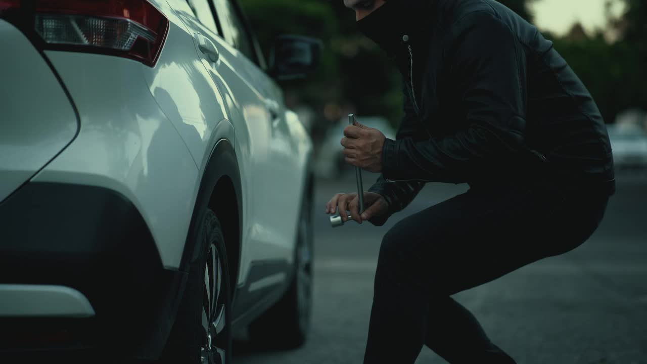 Free Video Stock thief tries unsuccessfully to steal a car tire Live Wallpaper