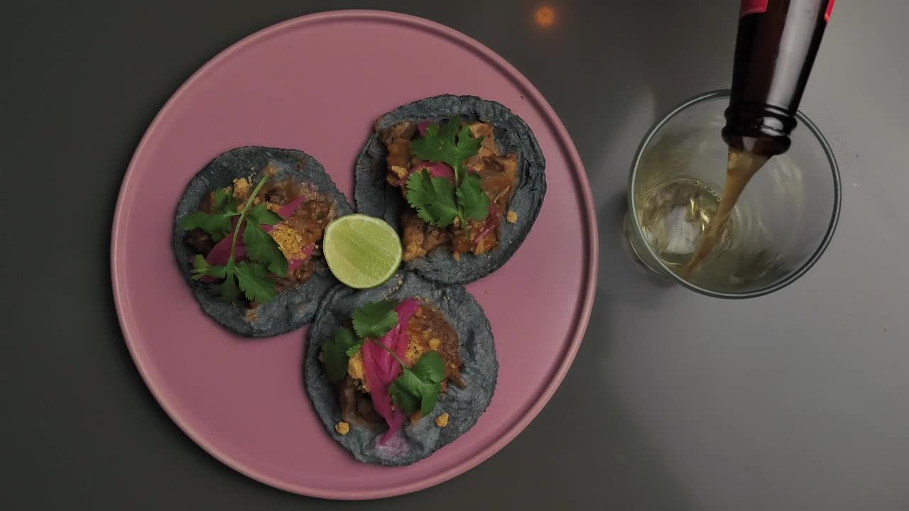 Free Video Stock top view of three tacos and beer Live Wallpaper