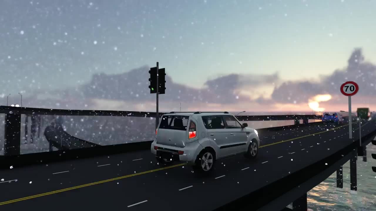 Free Video Stock traffic in a bridge over the sea while snowing Live Wallpaper
