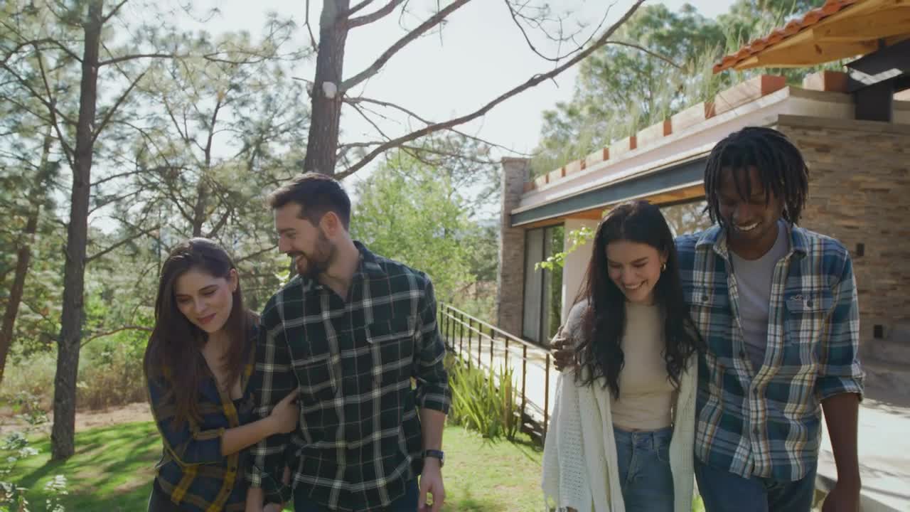 Free Stock Video Two Couples Walking Near A Cabin In The Woods Live Wallpaper