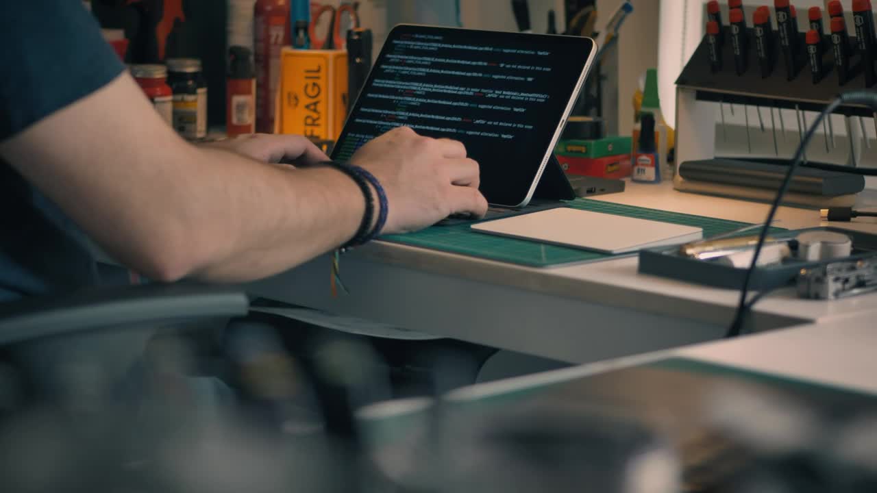 Free Stock Video Young Engineer Programming In His Workshop Seen Up Close Live Wallpaper