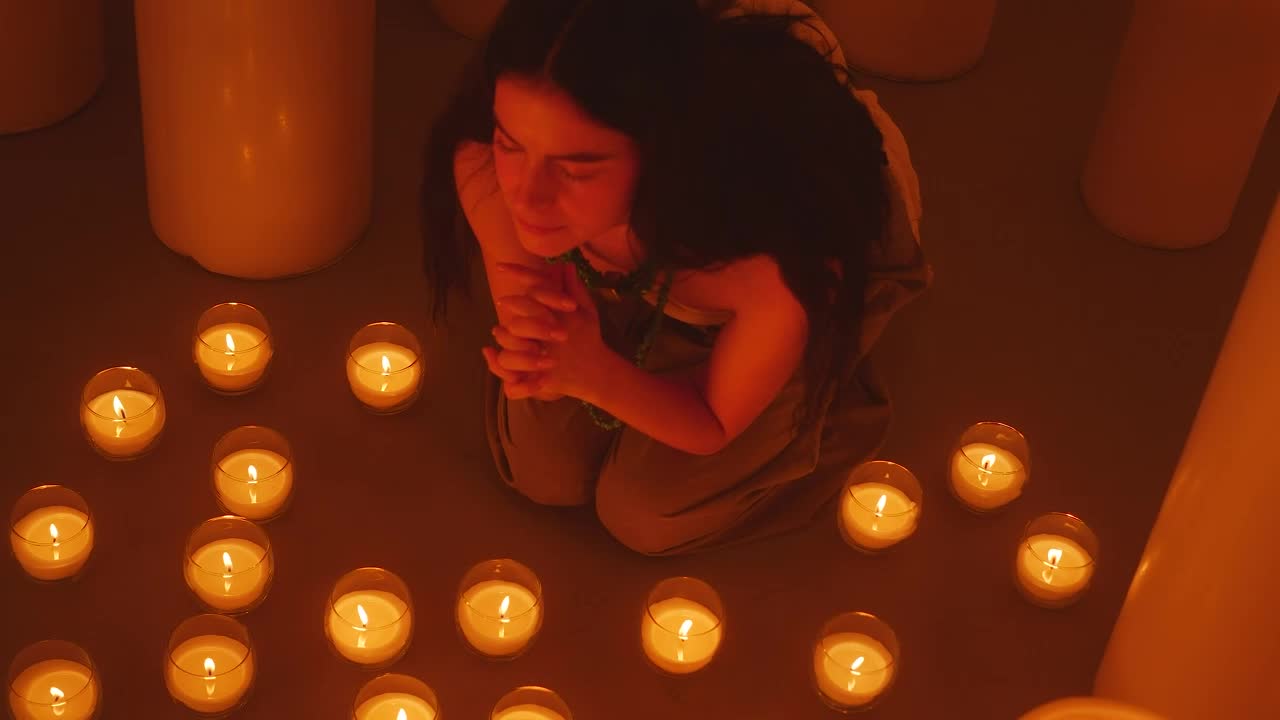 Free Stock Video Woman Praying Sitting On The Floor Among Many Candles Live Wallpaper