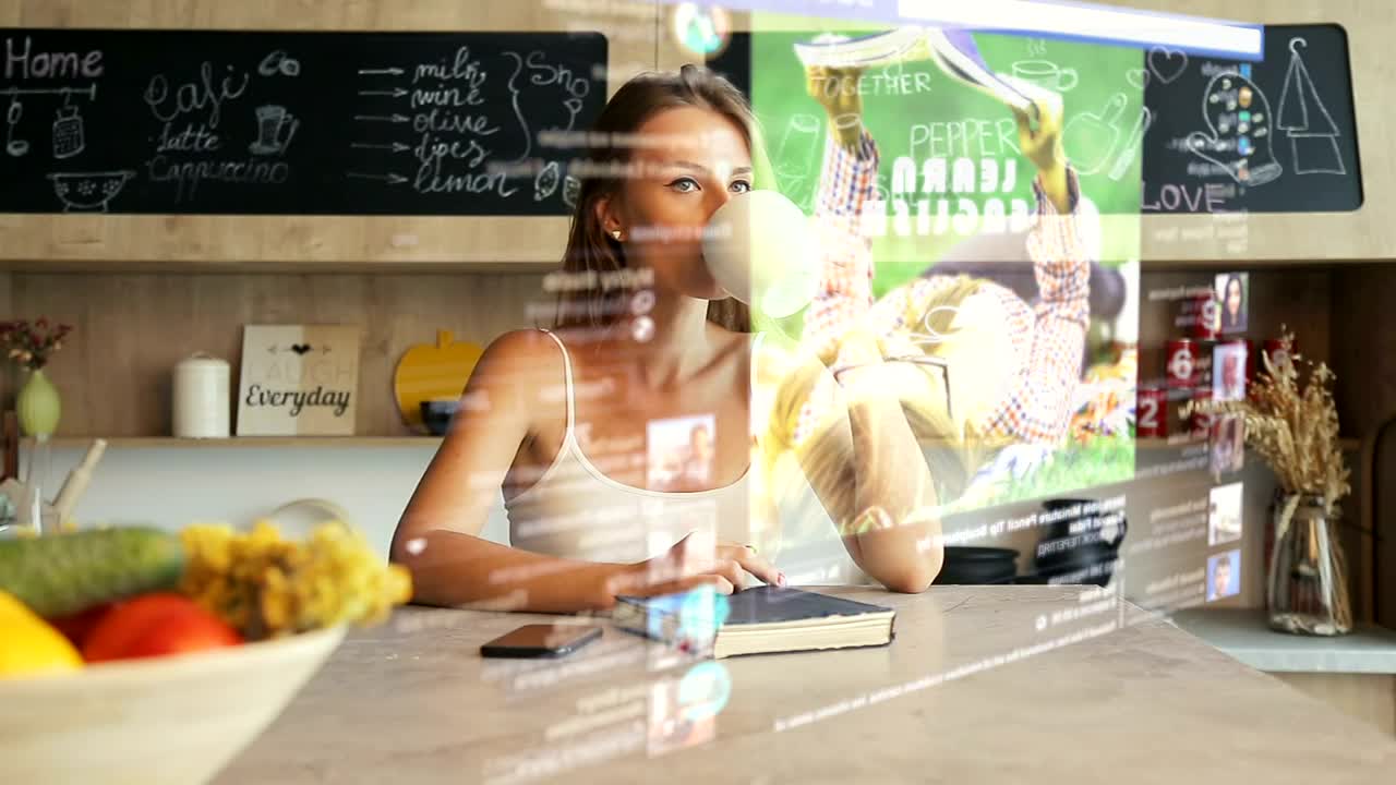   Stock Footage Woman Checking Social Network On Hologram Screen Live Wallpaper