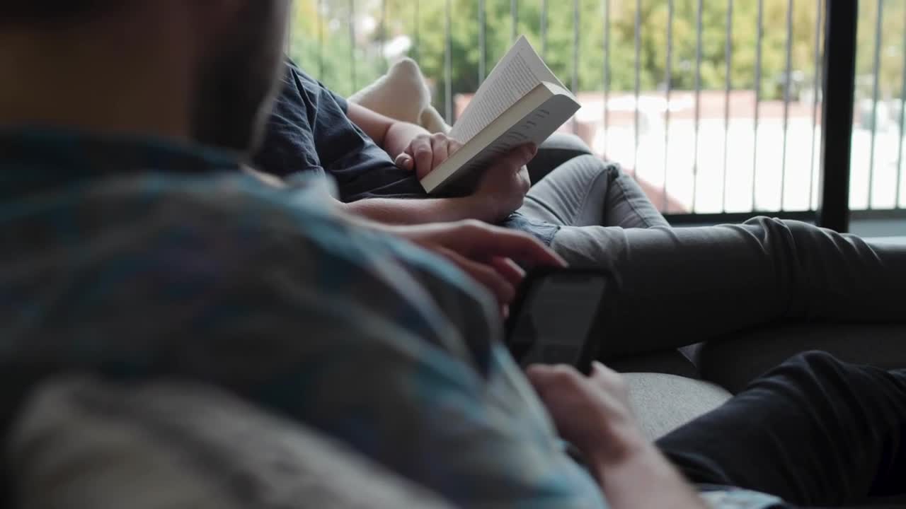   Stock Footage Two Men Text And Read On A Couch Live Wallpaper