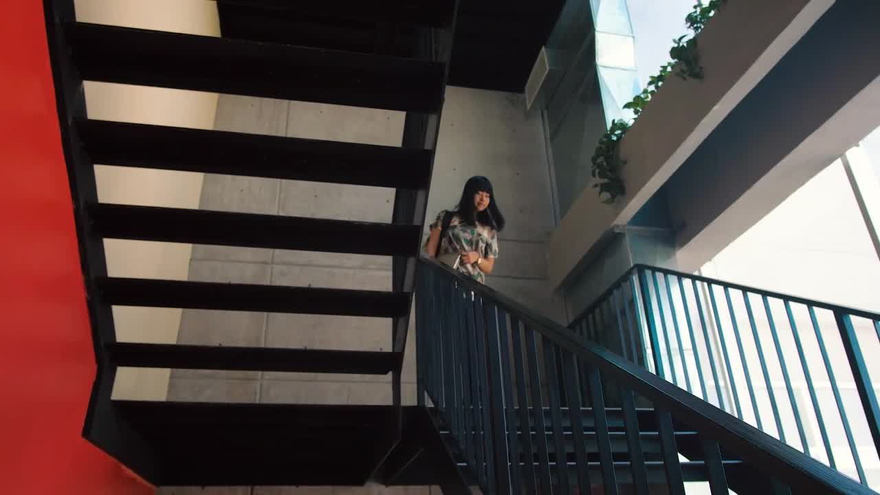 Stock Footage Young Woman Walking Down The Stairs Live Wallpaper Free