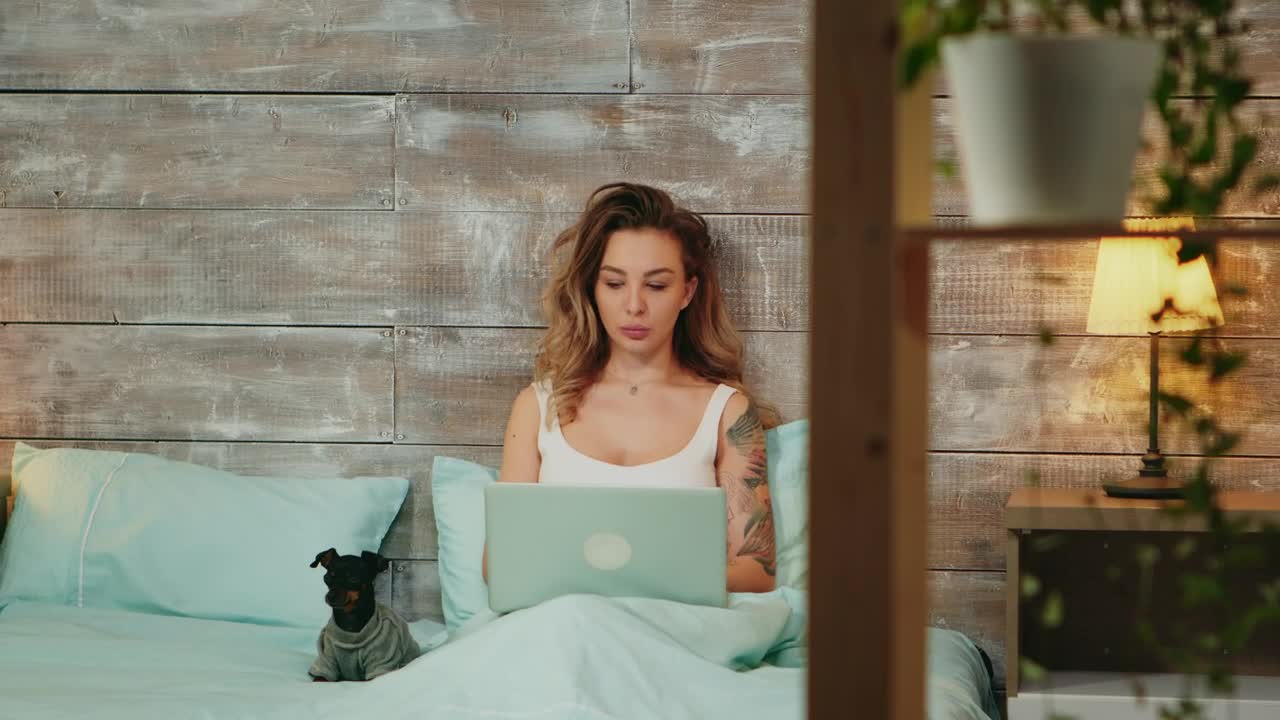 Stock Footage Woman Working From Her Bed With Her Pet Live Wallpaper Free