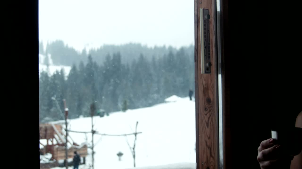 Stock Footage Woman Drinking Tea By The Window On A Snowy Day Live Wallpaper Free