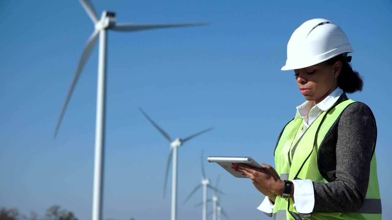 Stock Footage Woman Using A Tablet In A Wind Turbine Field Live Wallpaper Free