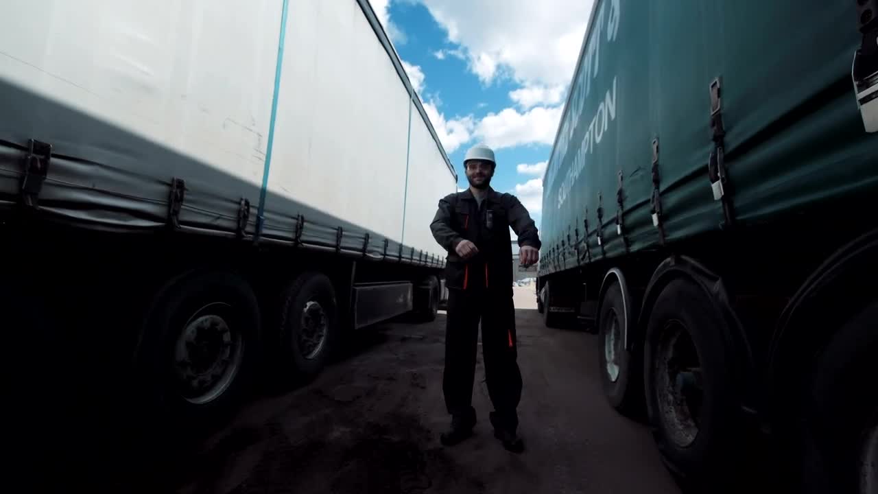Stock Footage Worker Between Two Freight Trucks Smiling Live Wallpaper Free