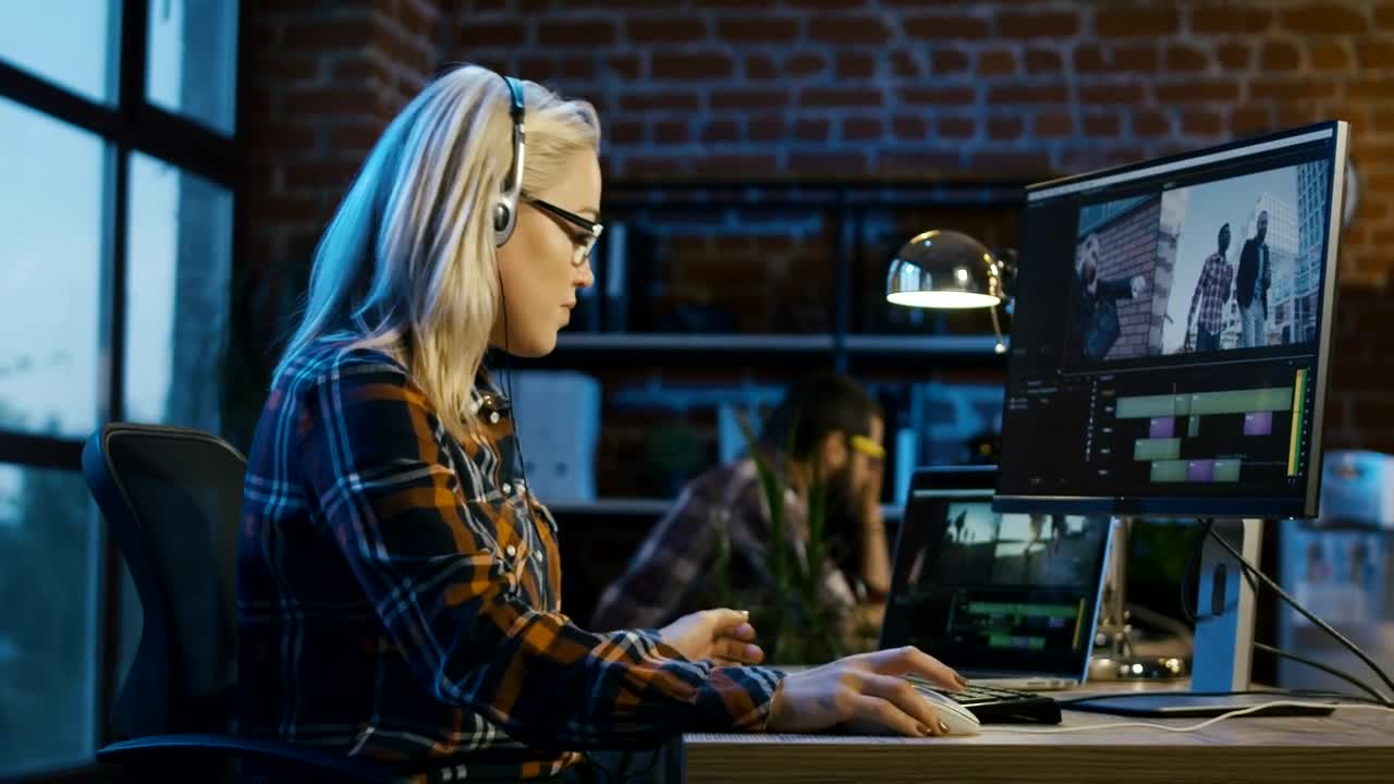 Stock Footage Woman Doing Video Editing With Headphones Live Wallpaper Free