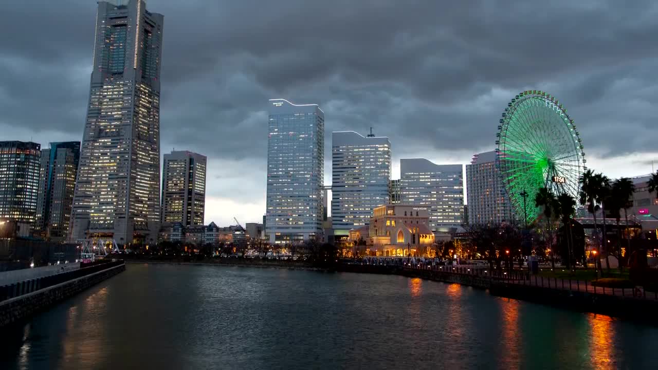 Stock Footage Yokohama Skyscrapers And Fair Wheel Illuminated Live Wallpaper Free