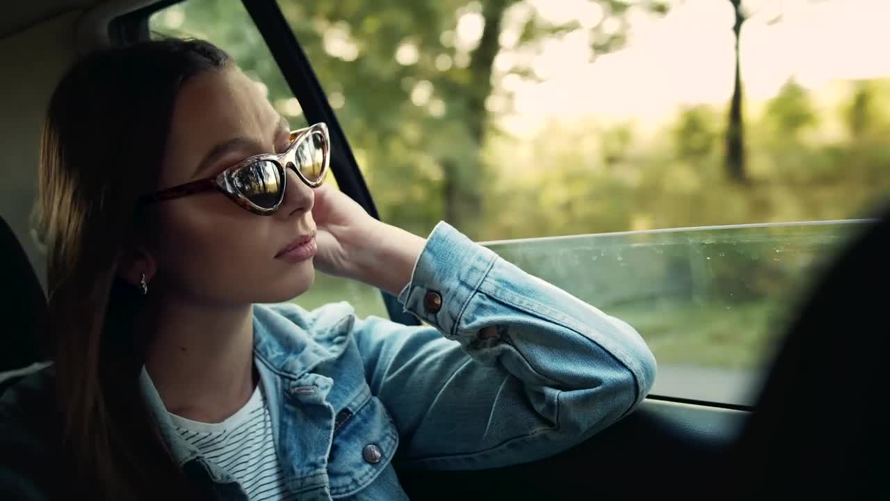 Stock Footage Woman In Denim Jacket Gazes Out Car Window Live Wallpaper Free