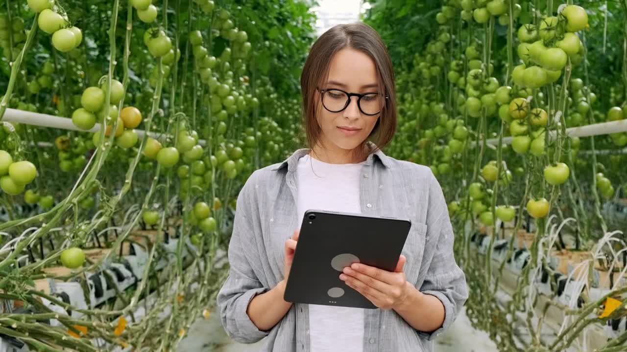 Stock Footage Young Woman Stands In Hydro Greenhouse On Tablet Live Wallpaper Free