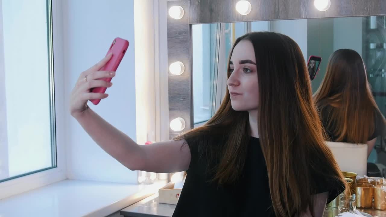 Stock Footage Young Brunette Woman Taking A Selfie At The Beauty Salon Live Wallpaper Free