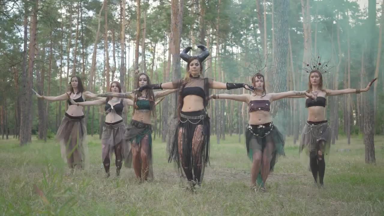 Stock Footage Women In Gothic Costumes Perform Dance In Forest Live Wallpaper Free
