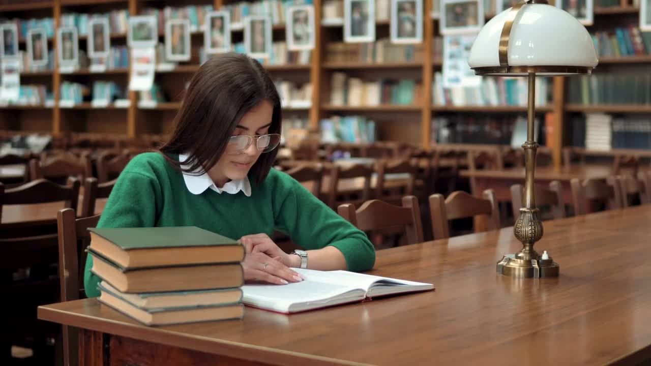 Stock Footage Young Woman Learning In Library Smiles At Camera Live Wallpaper Free