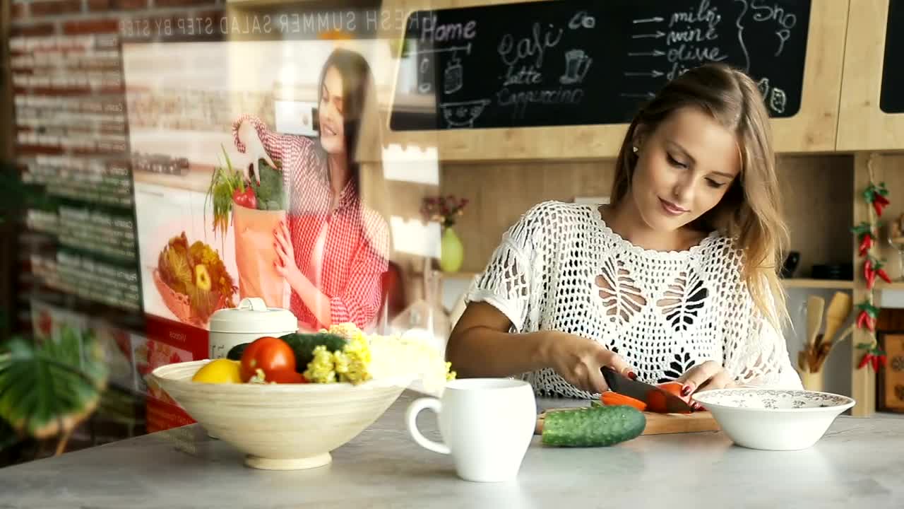 Stock Footage Woman Watches Futuristic Tutorial While Chopping Vegetables Live Wallpaper Free
