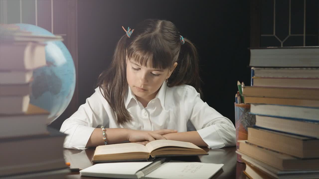 Stock Footage Young Girl Learns From Book In Dark Room Live Wallpaper Free