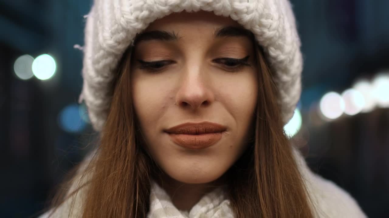 Stock Footage Woman In Winter Hat Smiles With Perfect Teeth Live Wallpaper Free