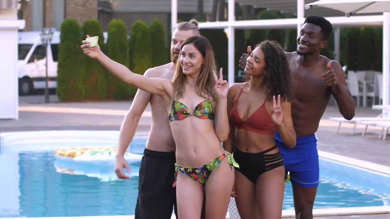 Stock Footage Young Friends Taking A Photo By The Pool Live Wallpaper Free