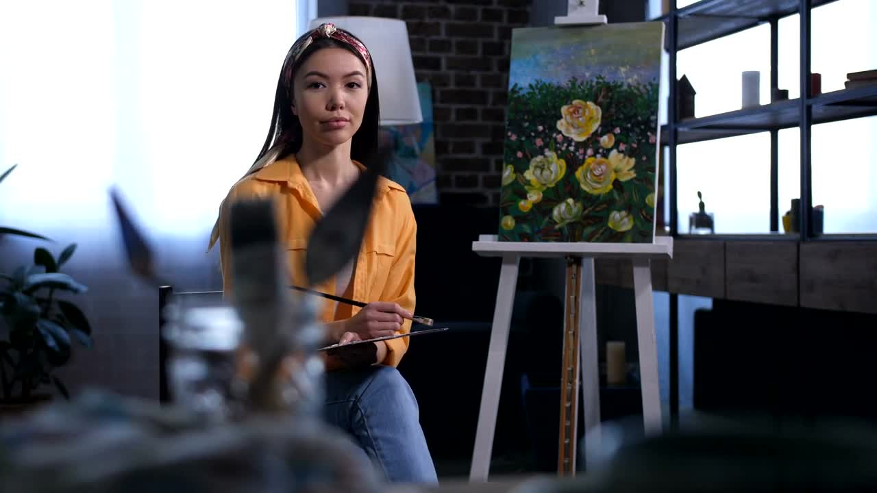 Stock Footage Young Artist With Her New Painting Live Wallpaper Free