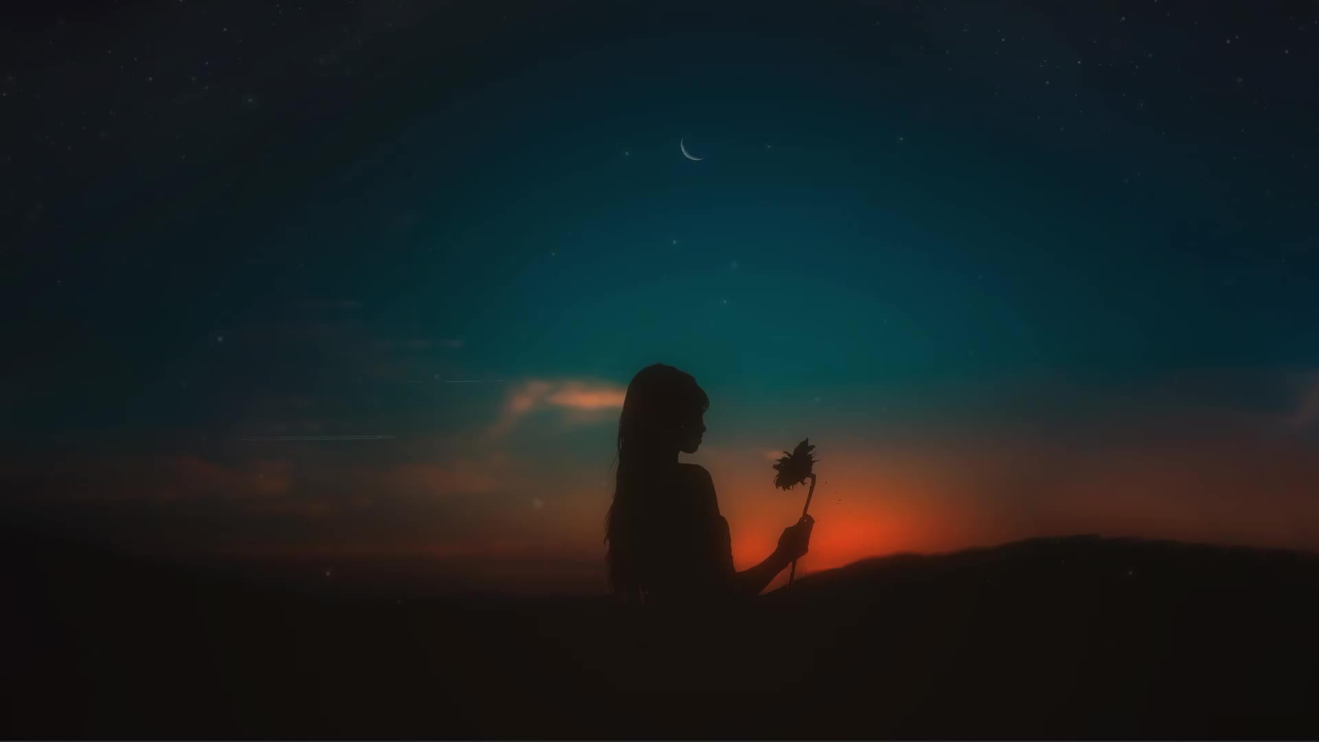 Moon, Clouds, Stars, Girl, Flower, Night, Live Wallpaper