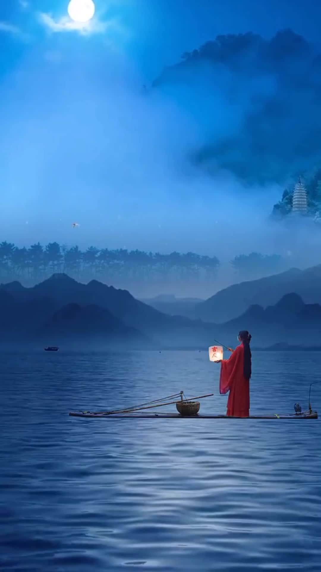 Android  iOS iPhone  Calm Waer Boat Girl scenery live wallpaper