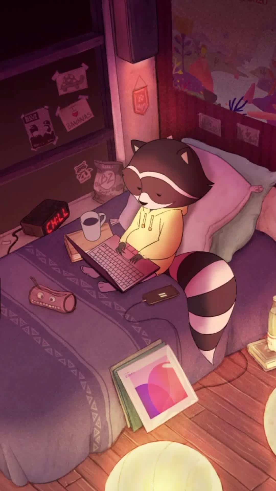 iPhone and Android Chill Raccoon House Phone Live Wallpaper