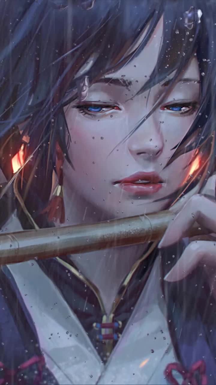 iPhone and Android Girl With Flute In Rain Live Phone Wallpaper