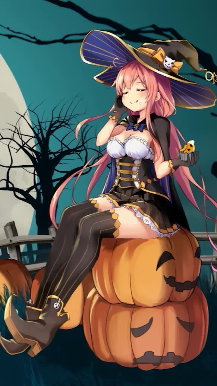 iPhone And Android Anime Girl Sitting On Halloween Pumpkin Phone Live Wallpaper