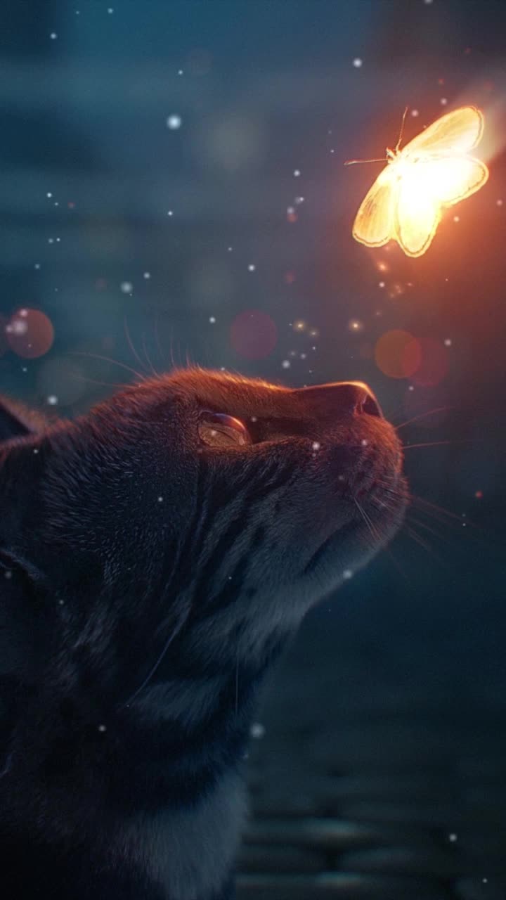 Live Phone Cat Looking At Glowing Butterfly Wallpaper To iPhone And Android