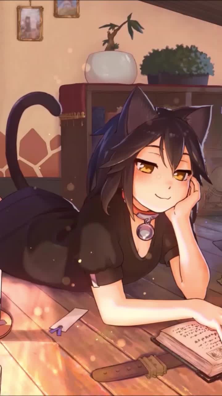 iPhone and Android Neko Girl Reading A Book Live Phone Wallpaper