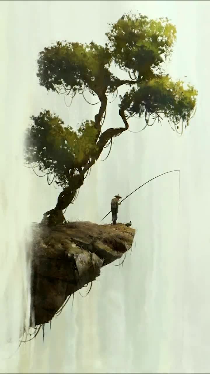 iPhone  Android Fisherman Fishing At Waterfall Fantasy Phone Live Wallpaper
