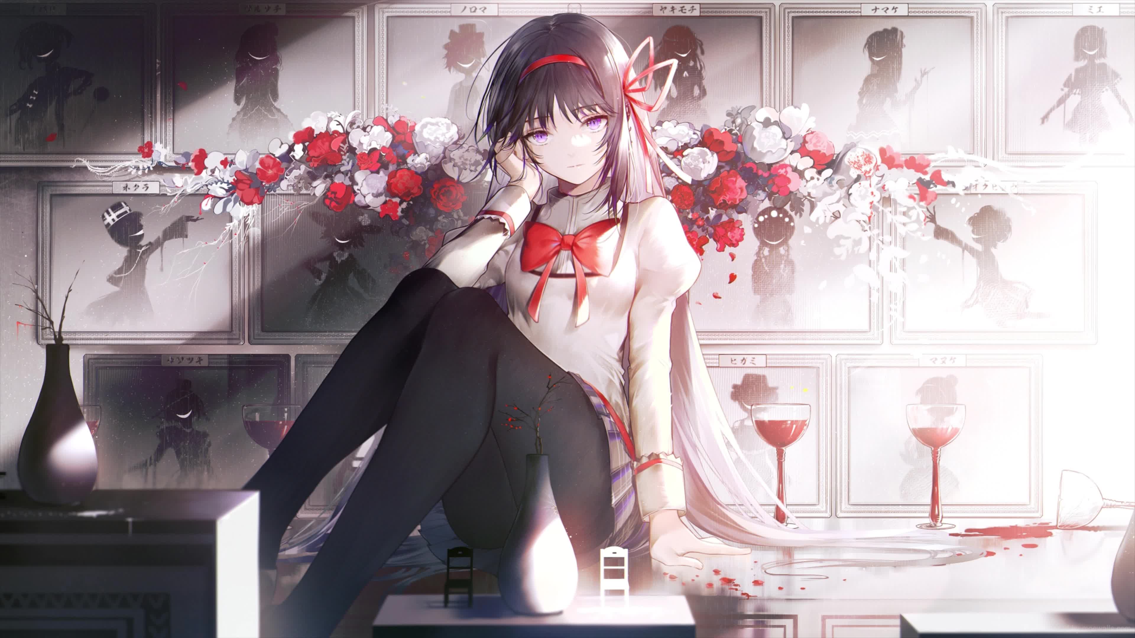 Anime Homura Akemi Flowers And Wine Puella Magi Madoka Magica Live Wallpaper